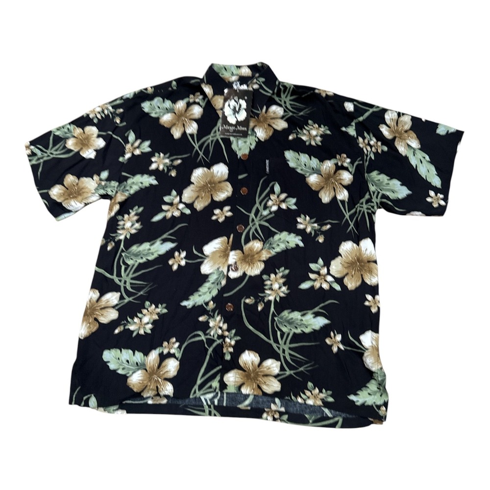 Mango Moon Mens Hawaiian Shirt Large Black Hibiscus Tropical Rayon Button Down